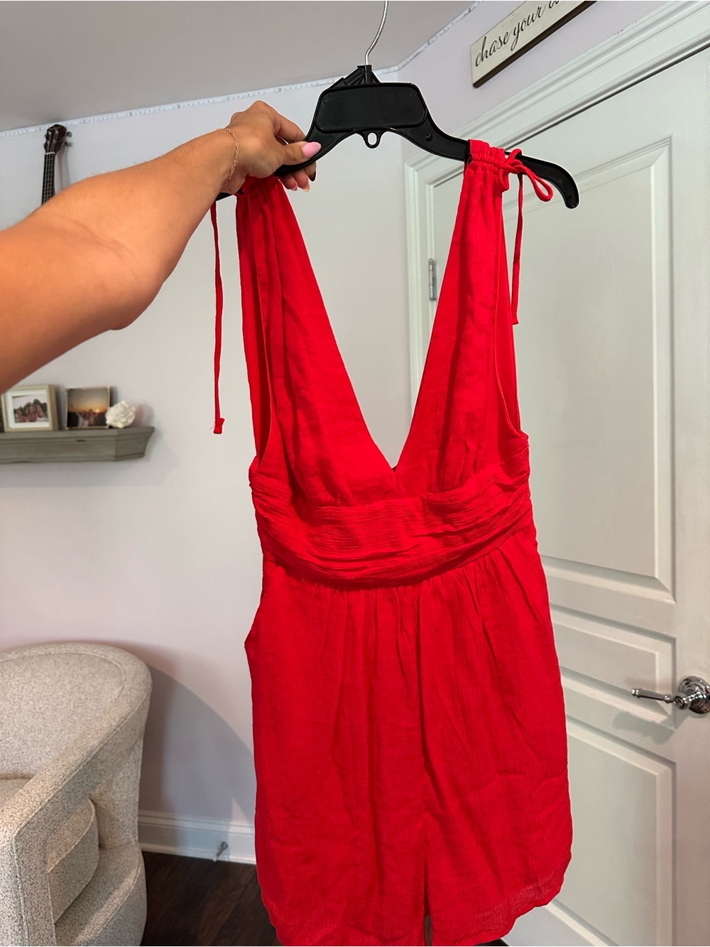 Red Deep V Tie-Shoulder Romper